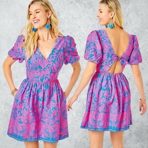 Lilly Pulitzer Suzie Mini Dress Aura Pink Leaf Puff Short Sleeve V-Neck Tie Back